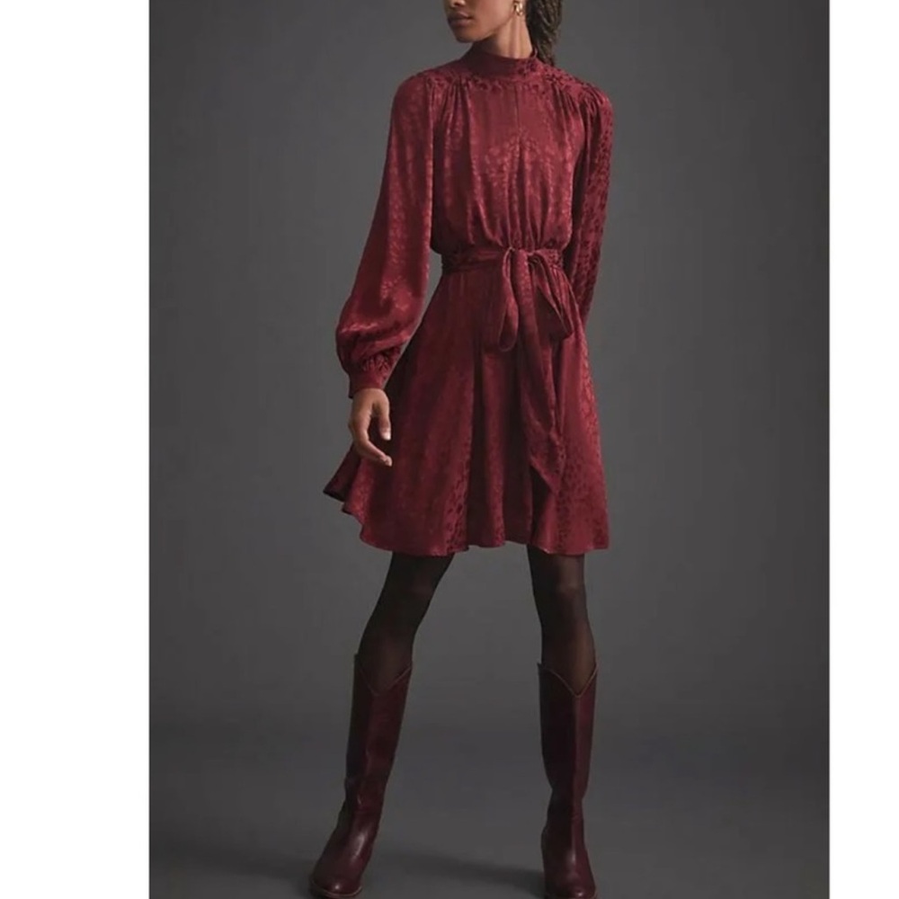 Anthropologie Wine Jacquard Mini Dress Size SMALL